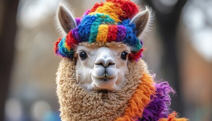 Alpaca in tall jester hat, parade leader with goofy pride