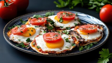 Delicious Breakfast Dish of Eggs and Fresh Tomatoes Served on a Plate
