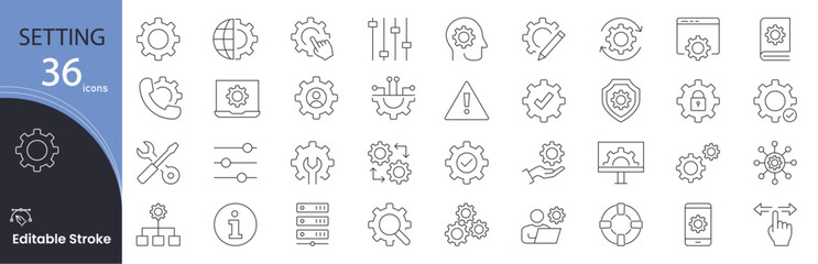 Setting related icons set. Including gear, preferences, control, configuration, tools, options, and adjustments. Editable stroke. outline icons.