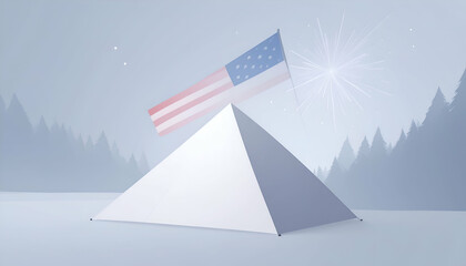 American flag atop a geometric pyramid against a stylized forest backdrop.