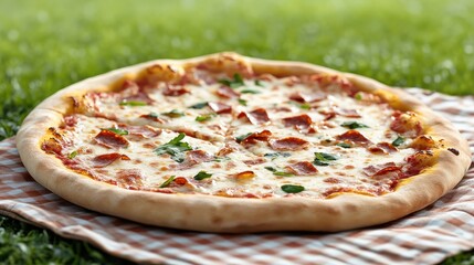 Delicious Pizza on Checkered Cloth Set Against Lush Green Grass Field