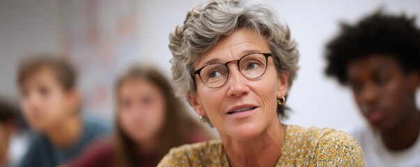 Fototapeta premium Engaged teacher leading interactive classroom discussion in modern education setting