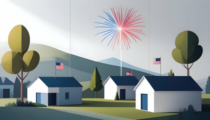 Cartoon illustration of houses trees fireworks and american flags celebrating a holiday.