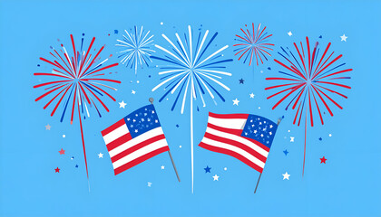 American flags and fireworks explode against a blue background celebrating a holiday.