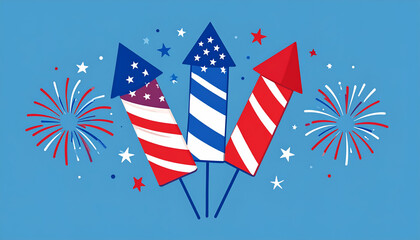 Patriotic fireworks rockets and bursts against a blue background celebrating an event.