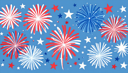 Fireworks explode with red white and blue colors against a light blue background.