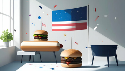 Animated burgers and hotdog float near an american flag inside a room.