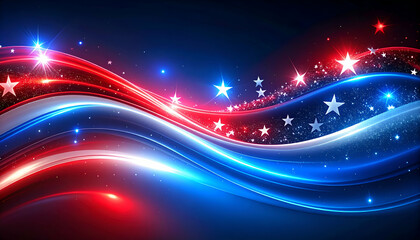 Abstract patriotic design with red white and blue flowing lines and stars.