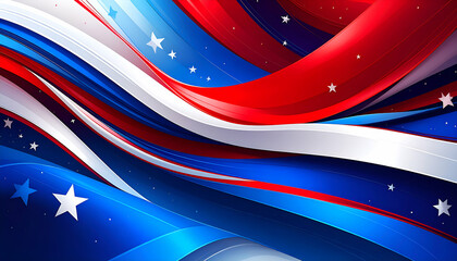 Abstract patriotic background with flowing red white and blue ribbons and stars.