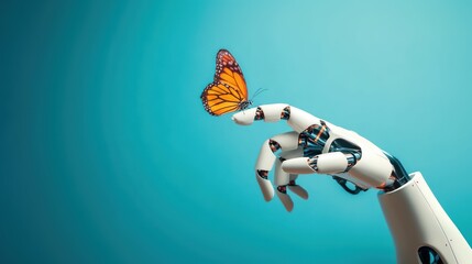 Robotic hand gently holding an orange butterfly on finger, symbol of balance between nature and soft robotics, technology, ai interaction concept