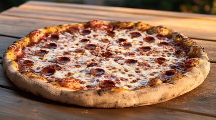 Deliciously Baked Pizza on Rustic Wooden Table Surrounded by Fresh Herbs