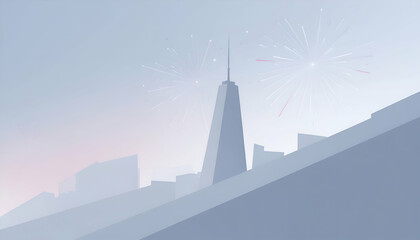 Abstract illustration of a tall building in a cityscape with a hazy sky.