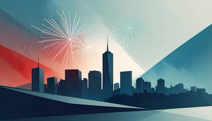 Silhouette of a city skyline with fireworks and mountains in the background.