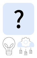 Question mark symbolizing inquiry above lightbulb for ideas, gear for process, cloud for technology, and documents for data management. Ideal for creativity, strategy, innovation, technology