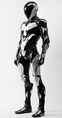 Cybernetic warrior in sleek black and white armor