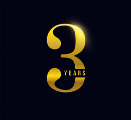 3 Years Anniversary Logo Celebration Design on Dark Background for corporate branding, business event, invitation, milestone promo. 3th numbers gold typography for luxury brand. Vector illustration
