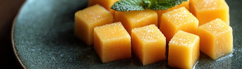 Mango cubes arranged on plate, neat geometry, bright contrast