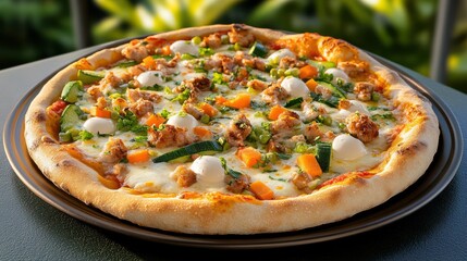 Delicious Pizza Topped with Savory Meat Cheese and Fresh Vegetables