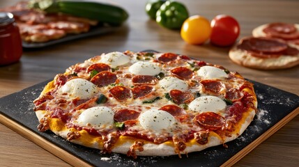 Deliciously Cheesy Pizza Topped with Fresh Peppers and Mozzarella Cheese