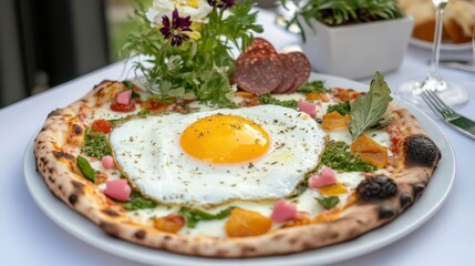 Delicious Pizza Topped with Fried Egg Fresh Vegetables and Savory Flavor