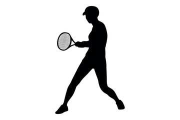 Silhouette of a tennis player in a ready stance holding a racket