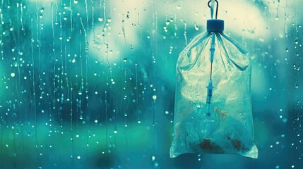 Transparent plastic bag with medical device hanging outside on a rainy day.