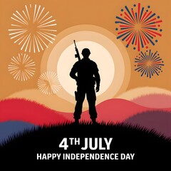 Silhouette of a soldier on Independence Day with fireworks