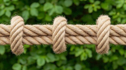Fototapeta premium Beige Rope Knots Close Up Against Green Foliage