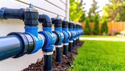 Intricate network of blue pipes against a pristine white wall, study in plumbing design and functionality
