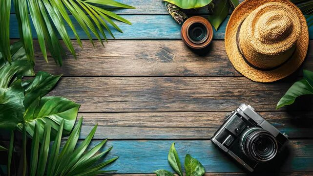 vintage camera with straw hat and tropical leaves on wooden table background, travel concept