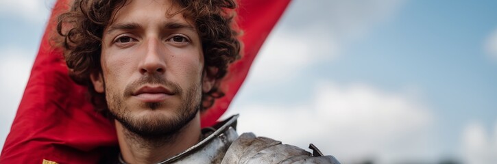 Fototapeta premium Resilient medieval knight with dented armor against vibrant red banner
