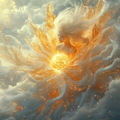 Mystic Deity of Light: A celestial being amidst ethereal clouds, radiating golden energy, holding a luminous orb, embodying serenity and divine power.