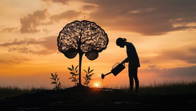 Silhouette of a woman watering a tree shaped like a brain at sunset (2)
