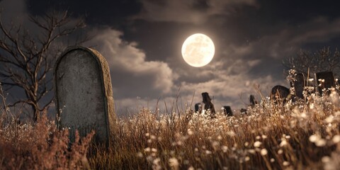 Spooky Halloween Cemetery Scene with Tombstones and Full Moon