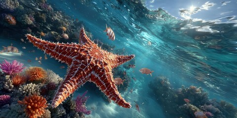 Vibrant Starfish on Colorful Coral Reef with Marine Biodiversity