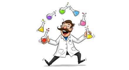 Cartoon scientist with a bushy mustache and cheerful expression, juggling flasks in the air, each filled with vibrant liquids, against a clean white background.