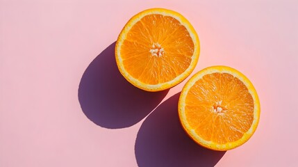 Fresh orange halves with vibrant colors and dramatic shadows on a pink background, perfect for healthy eating and lifestyle concepts