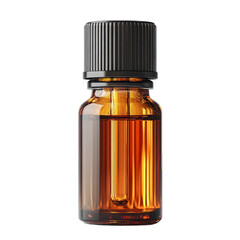 Amber bottle with liquid and pipette against a plain colored backdrop on transparent background