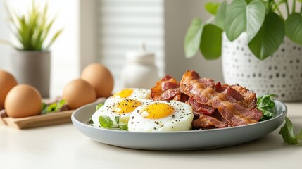 Delicious Breakfast Plate with Eggs Crispy Bacon and Fresh Greens Served