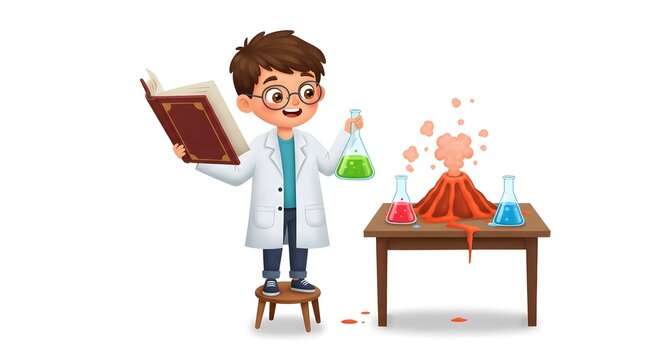 Curious cartoon child scientist, age 8, stands on a stool reading a giant book while a bubbling homemade baking soda volcano experiment overflows on a table, white background