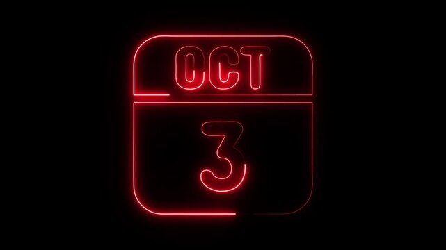 Glowing neon 3 october icon isolated on black background.a neon sign with a calendar that says "3 DAYS". HD Video motion graphic animation