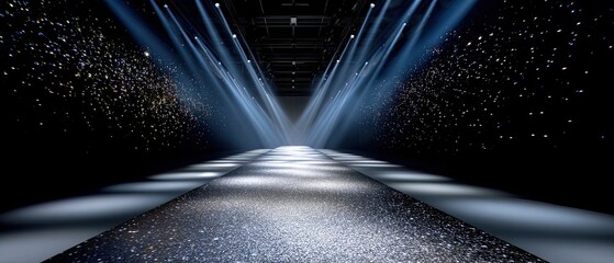luxurious glitzy concept A stylish runway illuminated by bright lights and sparkling effects.