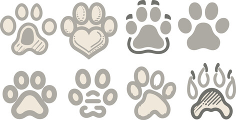 Fototapeta premium Pet paw print with editable stroke. Includes footprints, a heart featuring a paw print, and icons representing dogs and cats. Vector ideal for pet-themed designs. 