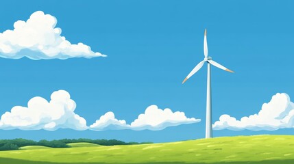 Fototapeta premium Wind turbine in a vibrant green field, symbolizing renewable energy, ample space for text integration, eco-friendly landscape
