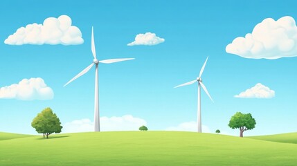 Fototapeta premium Wind Farm Serenity, expansive grassy plain under blue skies, ideal backdrop for promotional content, showcasing renewable energy innovation