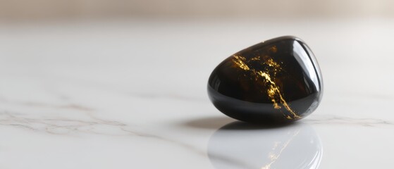 Polished obsidian stone with glowing natural golden veins on marble