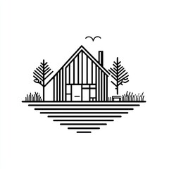 Fototapeta premium Modern house, minimalist design, countryside, bird, illustration