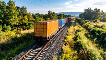 Freight train carrying cargo on railroad track.