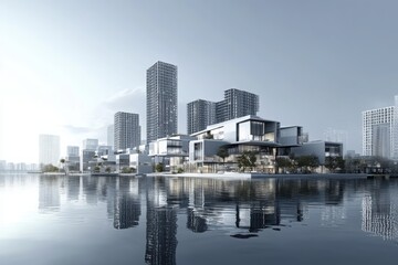 Fototapeta premium Cityscape reflection on water surface on a white background