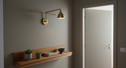 Fototapeta premium Elegant Entryway with Greige Walls and Oak Shelf